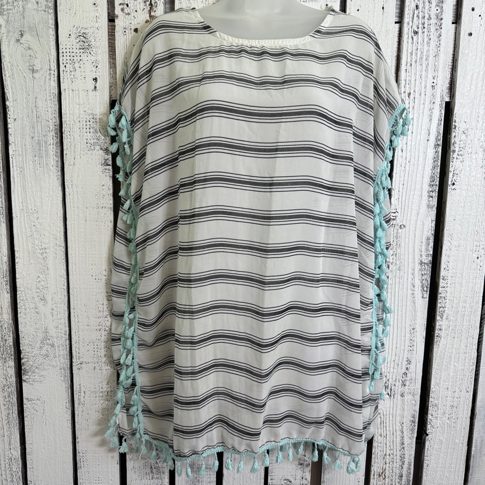 Swimsuit Cover Up Semi Sheer Black & White Striped Turquoise Fringe One Size